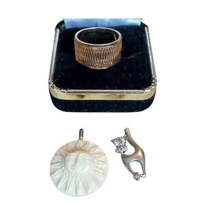 Vintage Jewelry LOT Sterling Silver 925 Ring and Carved Sun Face Cat Pendant